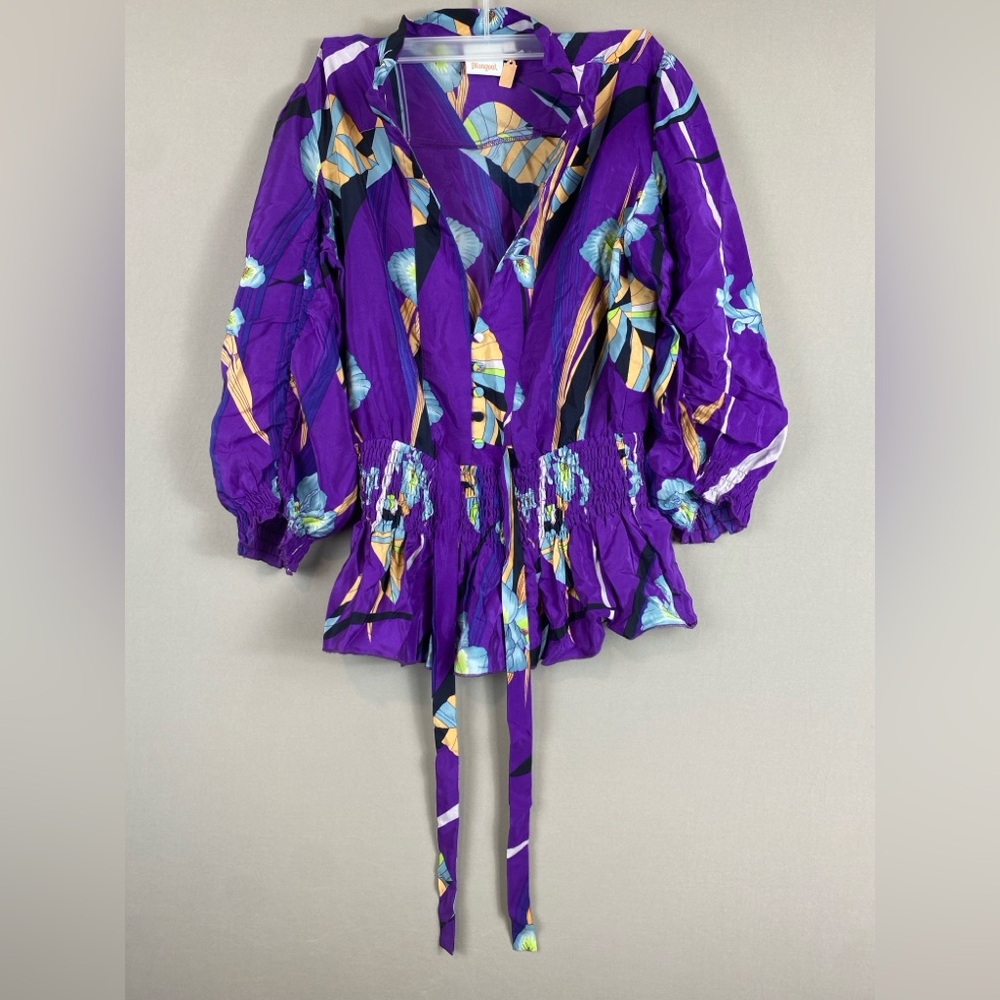 Bilingual Purple Floral Blouse Size 4 | Ruffle Detail Feminine Spring Top